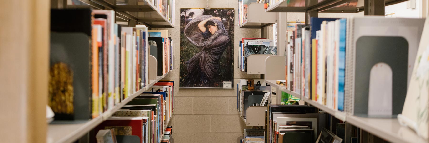 Bookshelves and a wall with a painting of a woman on it.