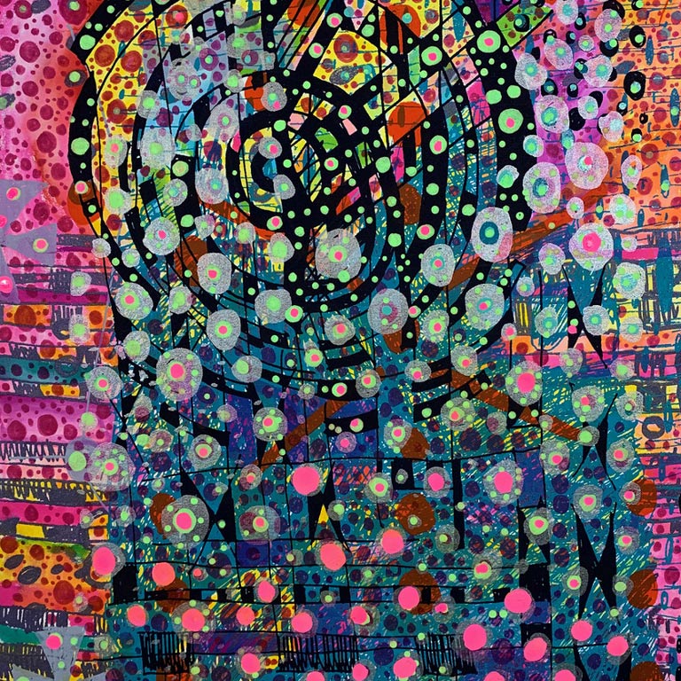A print using multiple colors to create abstract shapes.