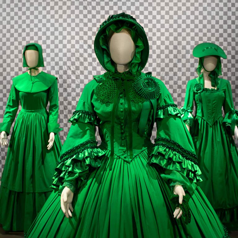 Model forms dressed in bright green dresses against a grey and white checkered background.
