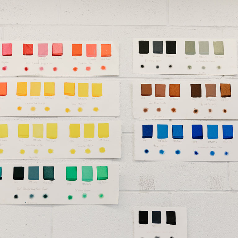 Paint swatches on a wall.
