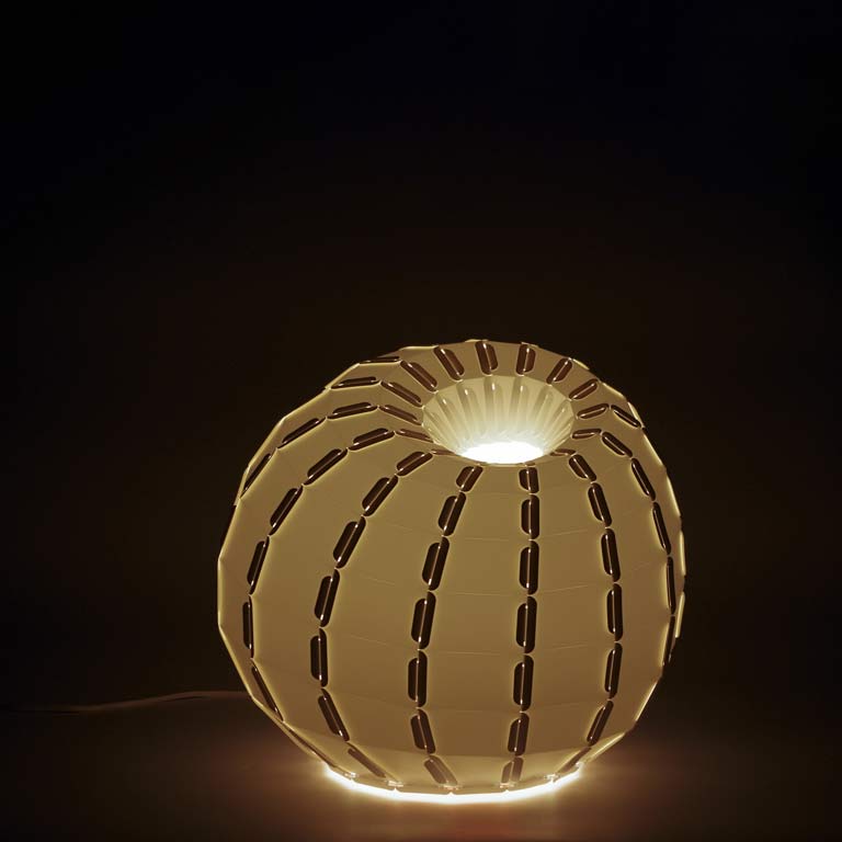 A globe shaped lamp lit up in a dark room. 