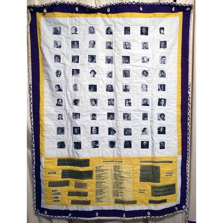 A quilt with the images of 63 suffragists of color in black and white, with their names at the bottom.