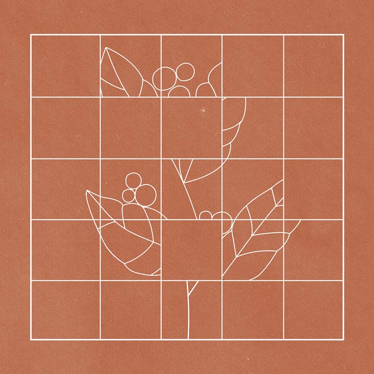 A dusty orange artwork with a gridded image of a leaf abstracted across squares.