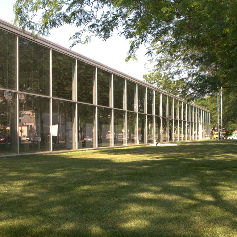 A glass one story building