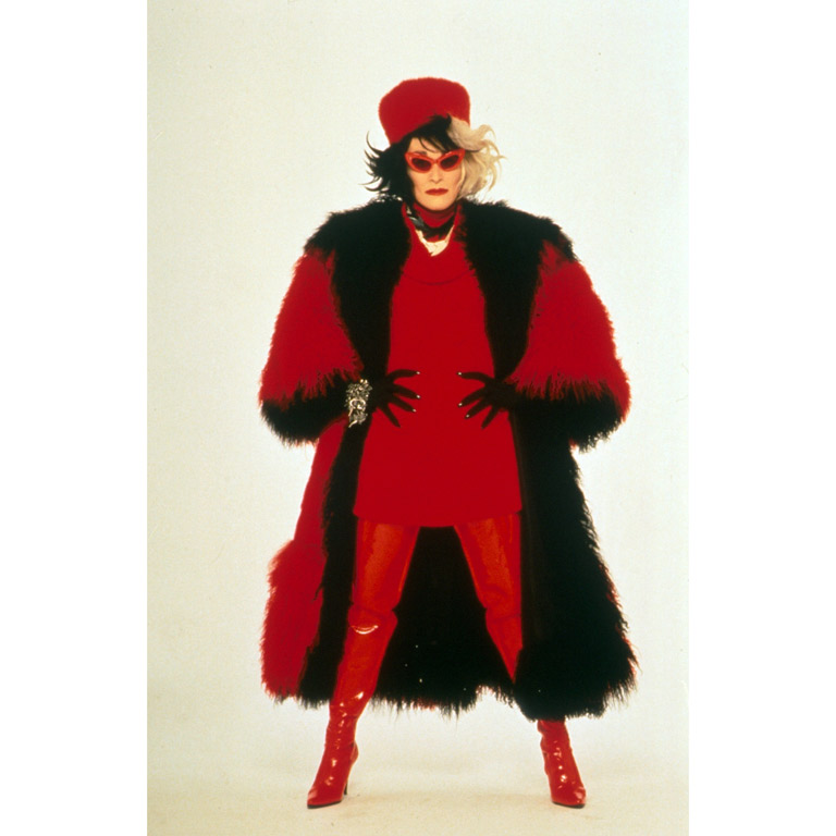 Actor Glenn Close as Cruela de Vil in a red and black costume