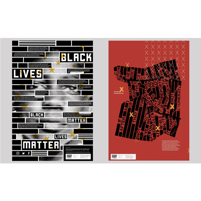 Two posters, side by side, dissecting the Mueller Report with graphic elements.