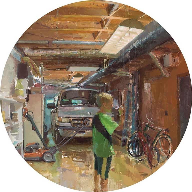 A painting of a person in a garage. 
