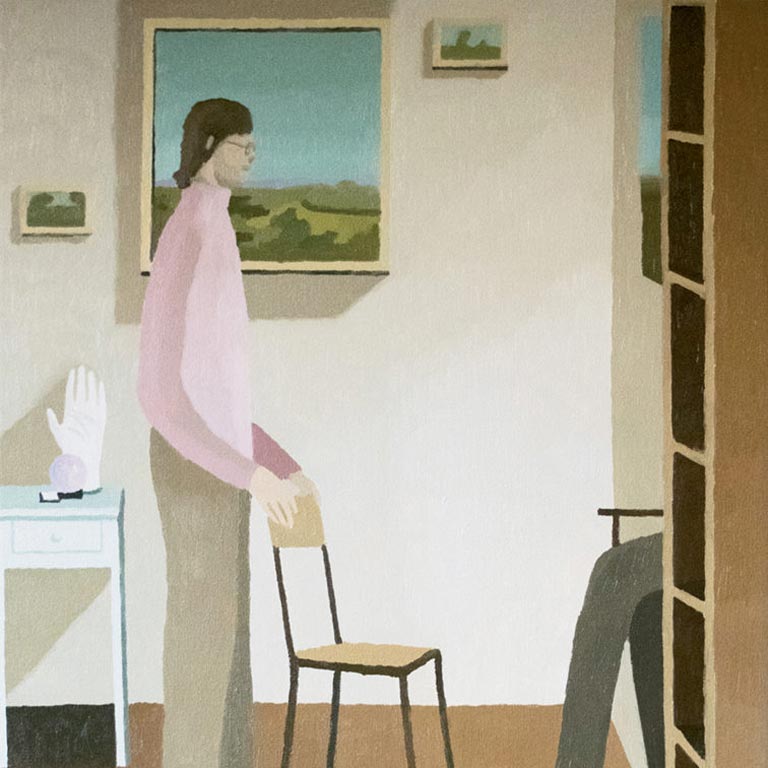 Artwork of a person in khakis and a pink shirt holding on to the back of a chair.