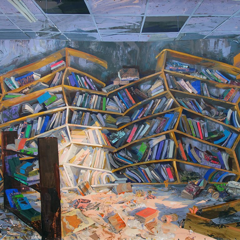 A painting of collapsed bookshelves.
