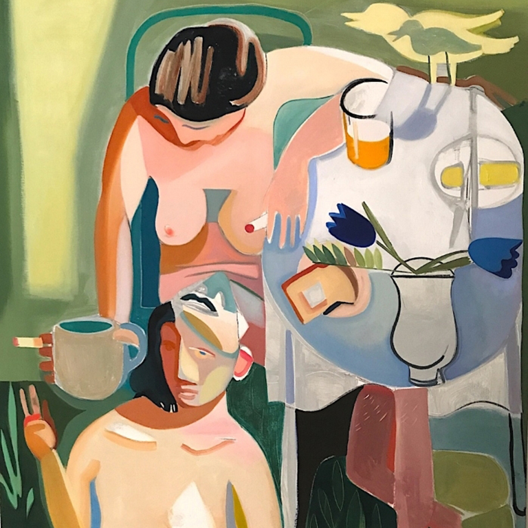 Artwork featuring nudes at a table.